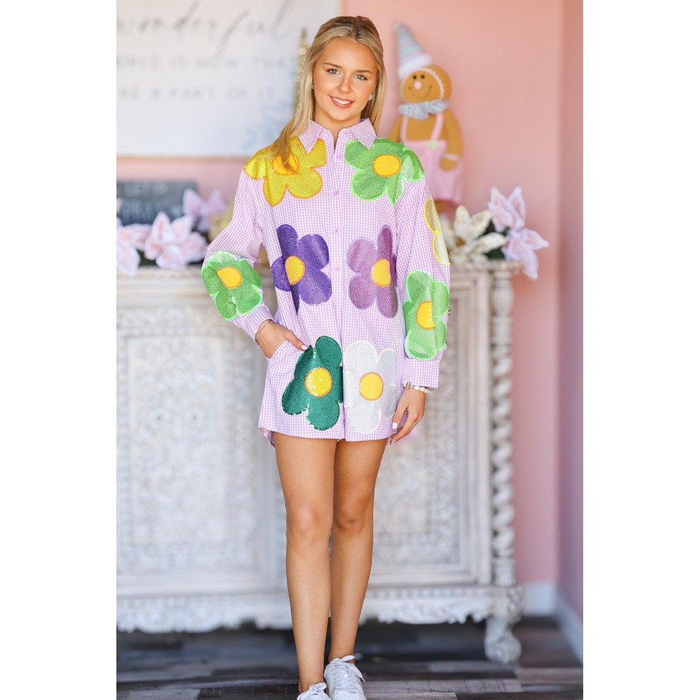 NEW Queen of Sparkles Purple Gingham Oversized Mardi Gras Flower Romper Sequin